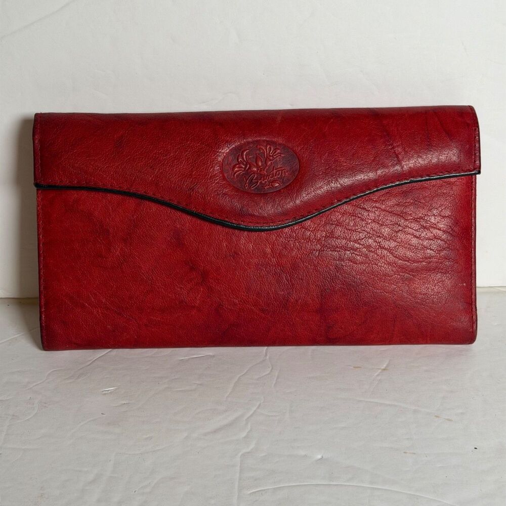 Vintage Buxton Red Top Grain Cowhide Leather Trifold Wallet Kiss Lock Coin Purse